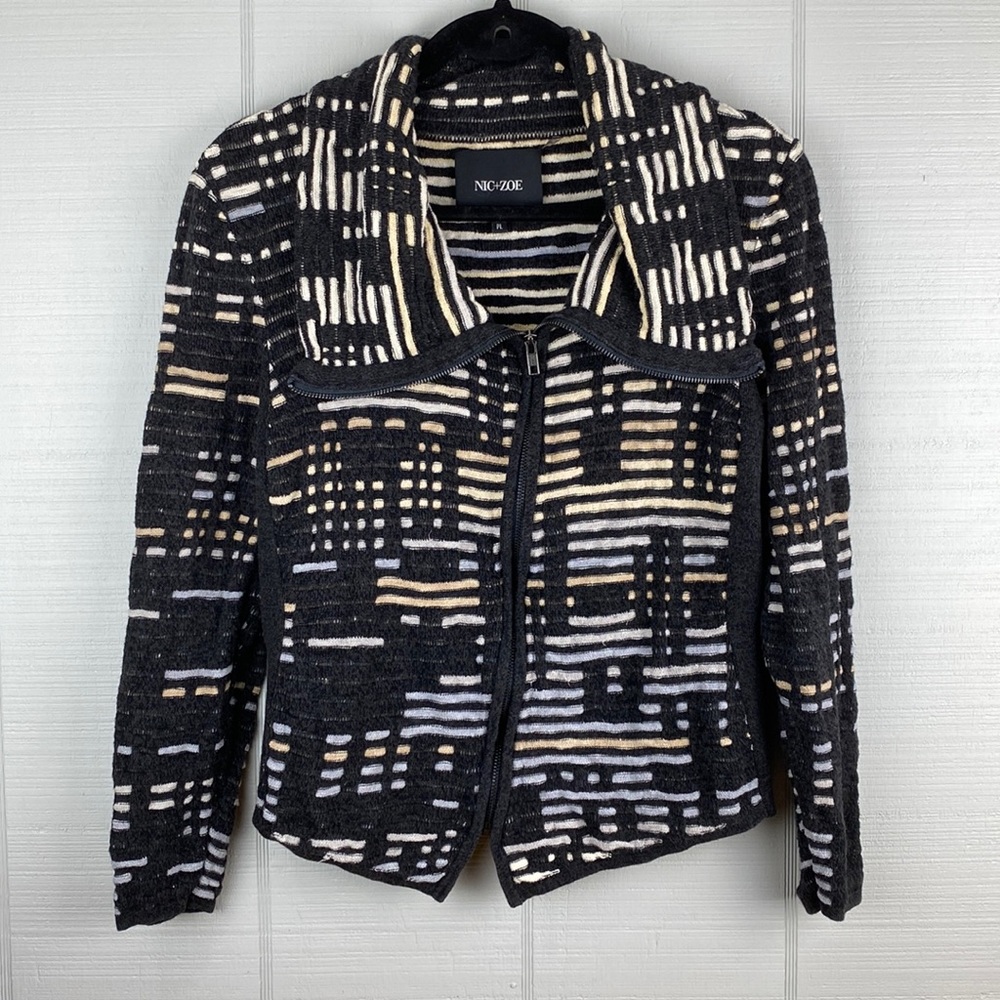 NIC + ZOE Women’s Zip Up Multicolor Black Neutral Shawl Collar Sweater Size PL